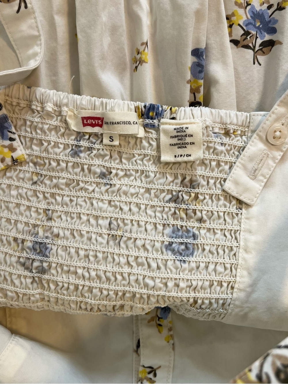 Levi's Cream Sundress Midi Cotton Blue Yellow Floral Print Garden Summer Pockets - Picture 2 of 9